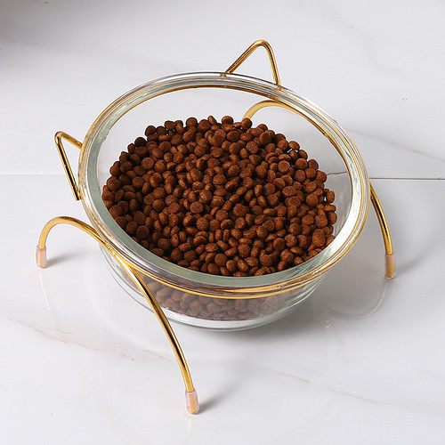 猫碗玻璃高脚猫咪碗斜口护颈椎喝水猫粮食盆透明狗宠物易清洗双碗