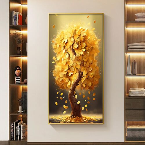 轻奢发财树玄关装饰画入户正对门走廊过道尽头挂画镶钻高级感壁画