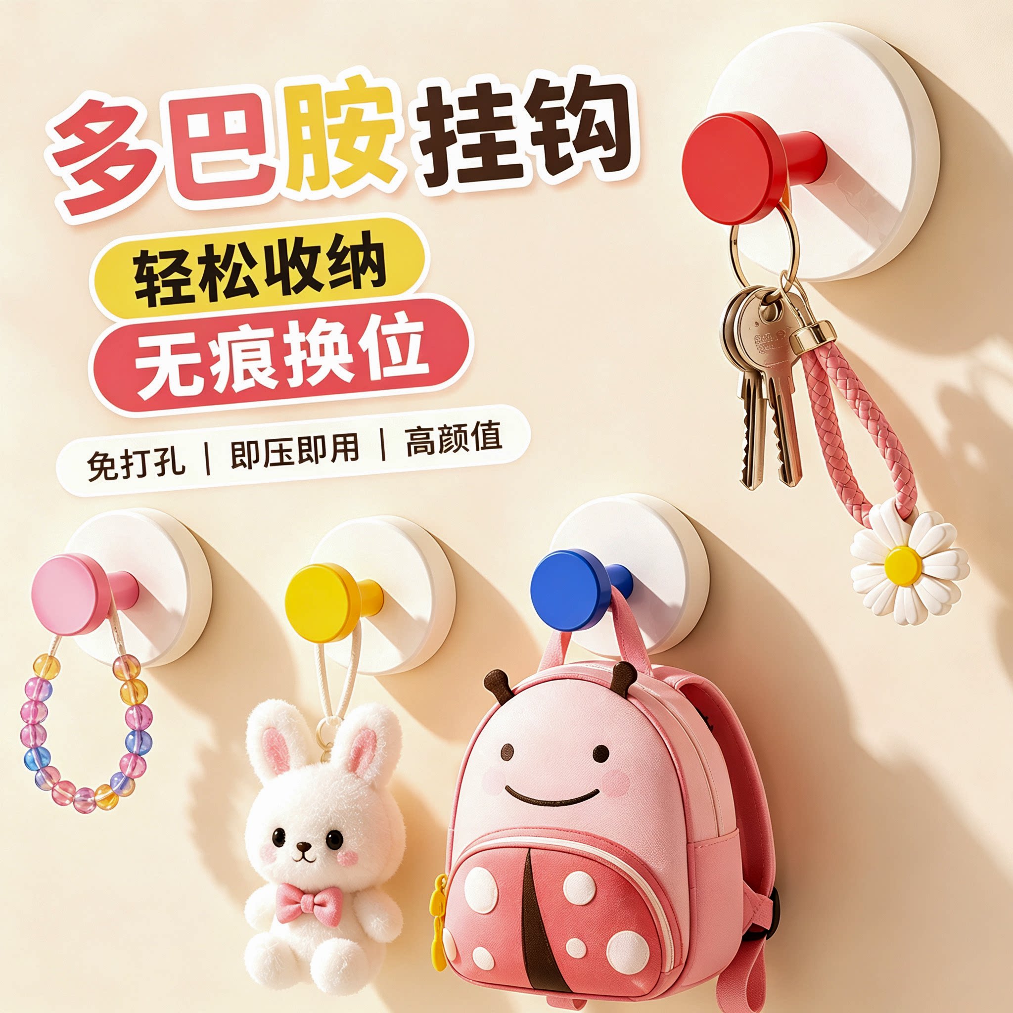 多巴胺吸盘挂钩玄关挂钩承重力强粘胶免打孔入户门口放钥匙神器