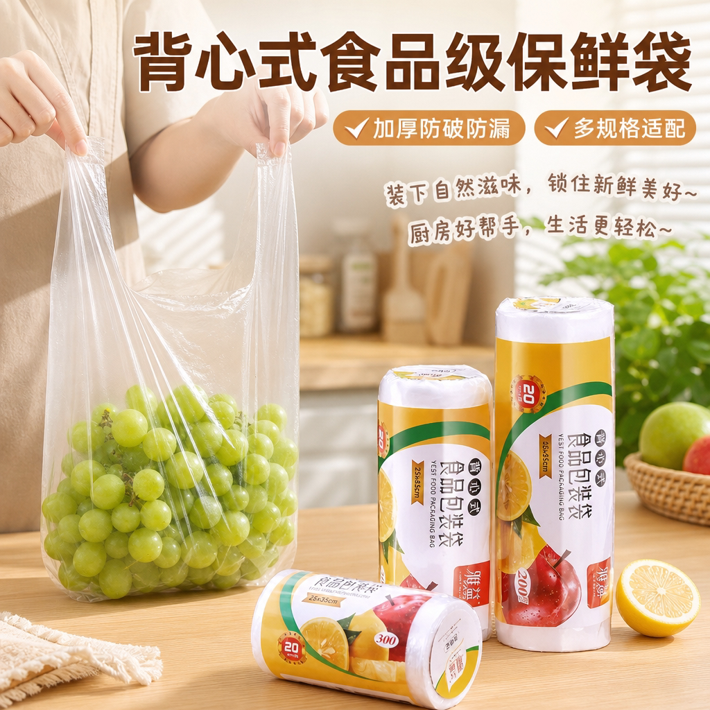 保鲜袋食品级家用背心式密封手撕袋加厚手提式厨房一次性食品袋子