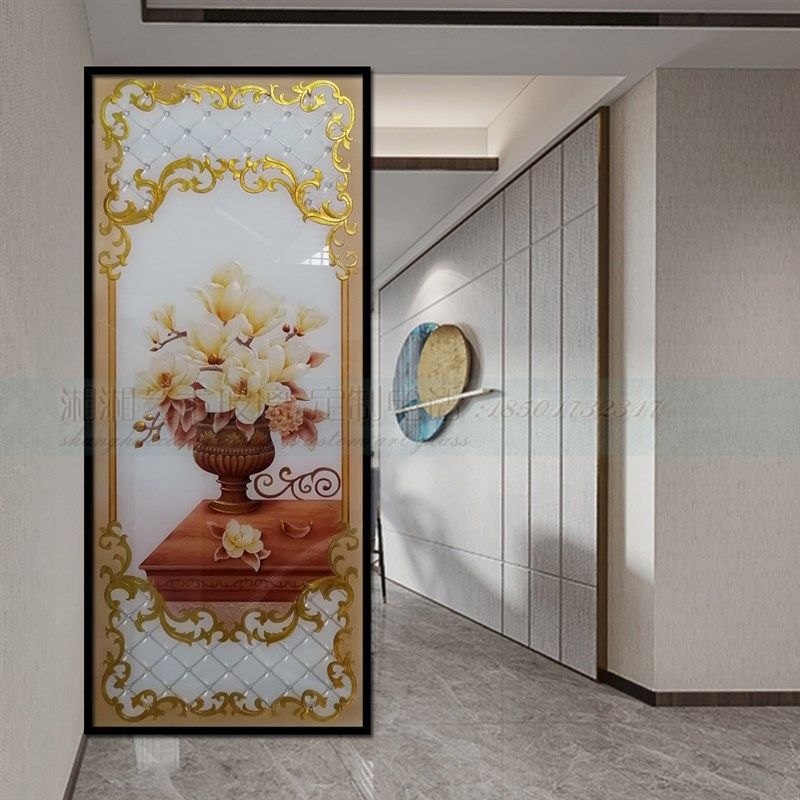 定做欧式屏风隔断中式玄关背景墙装饰玻璃雕刻浮雕钢化彩色玻璃