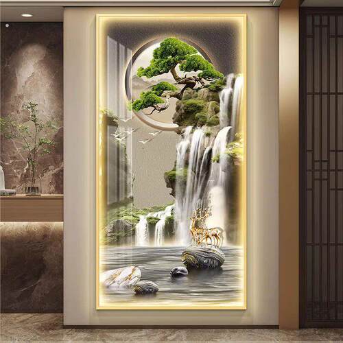 流水生财山水画玄关装饰画迎客松进门入户挂画带灯走廊过道壁灯画