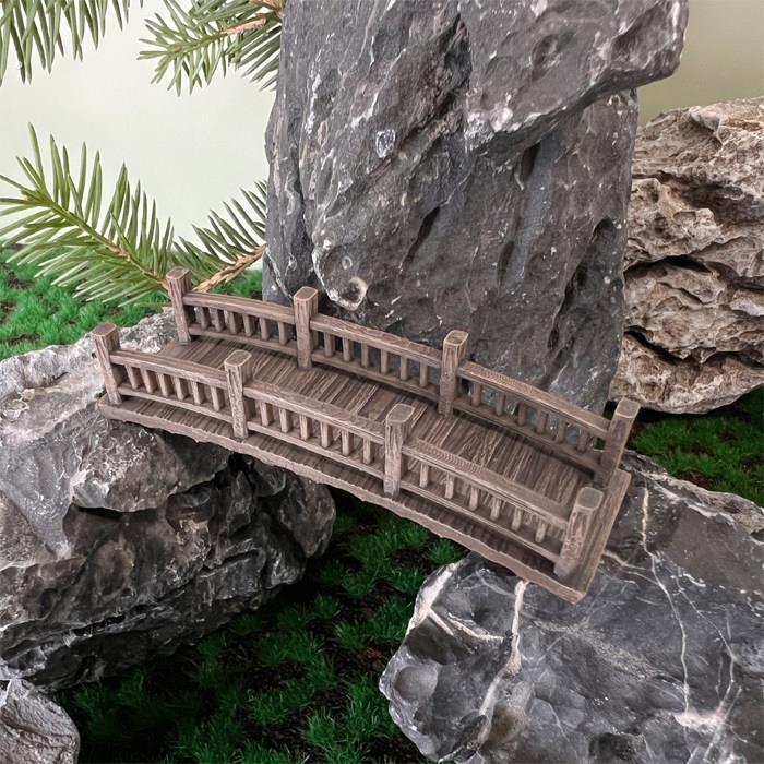 古建筑模型中式造景摆件假山水陆缸微景观光敏仿真木桥小拱桥