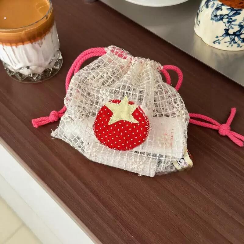 红番茄网纱刺绣束口袋创意高颜值杂物收纳袋小巧便携抽绳手提袋子
