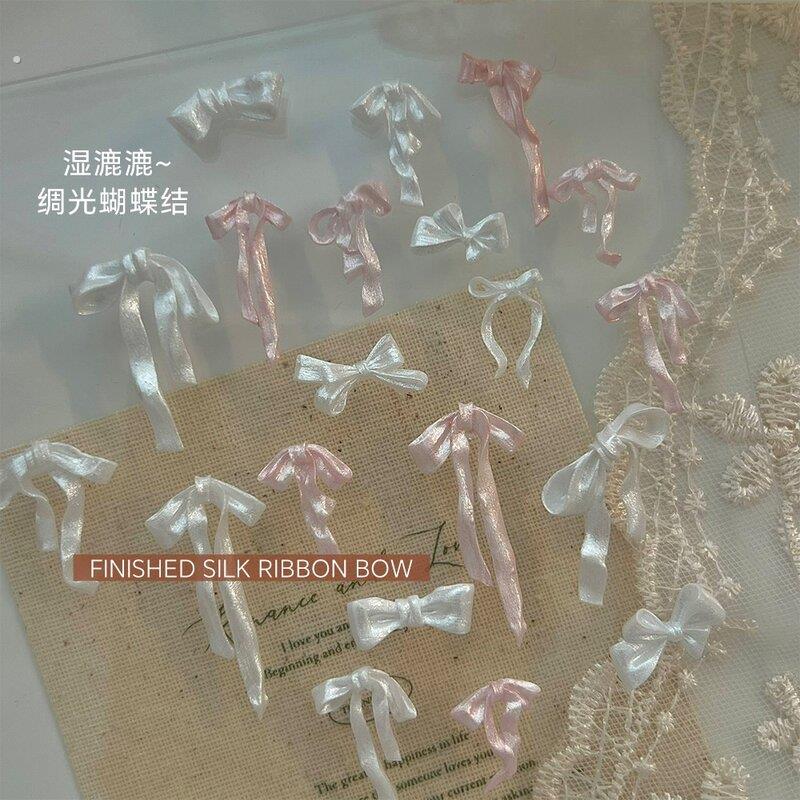 缎光蝴蝶结美甲饰品软雕飘带领结细闪带珠光成品指甲钻穿戴甲装饰