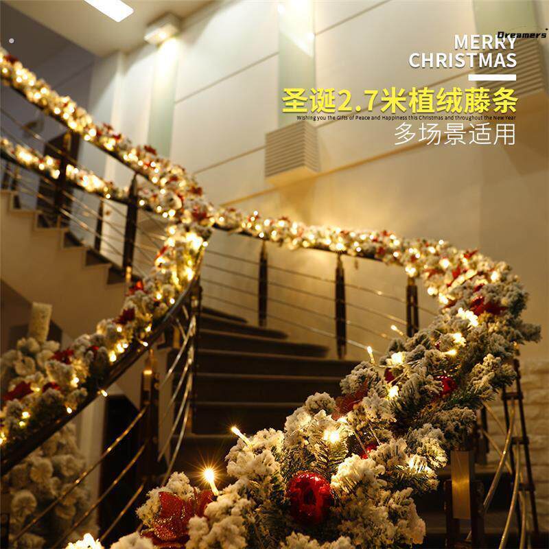 圣诞节藤条酒店楼梯扶手装饰品植绒发光带灯商场挂饰氛围布置厂家