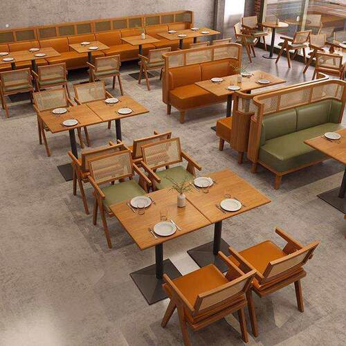 连锁主题餐厅茶楼卡座沙发商用饭店新中式西餐厅实木编藤桌椅组合