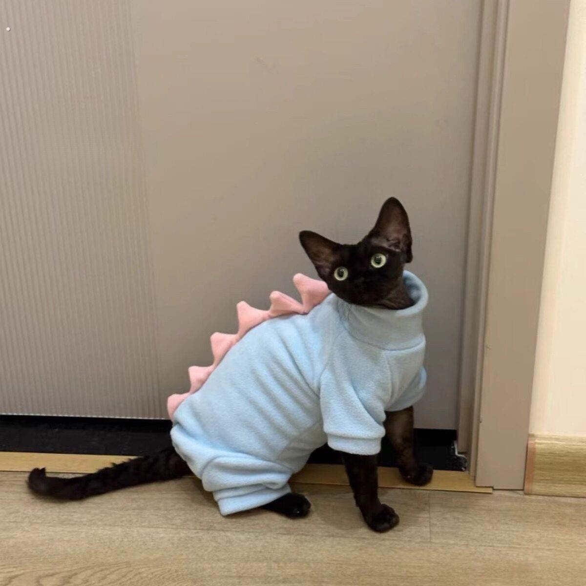 宠物四脚衣颗粒绒护肚子小恐龙无毛猫衣服斯芬克斯猫德文衣服