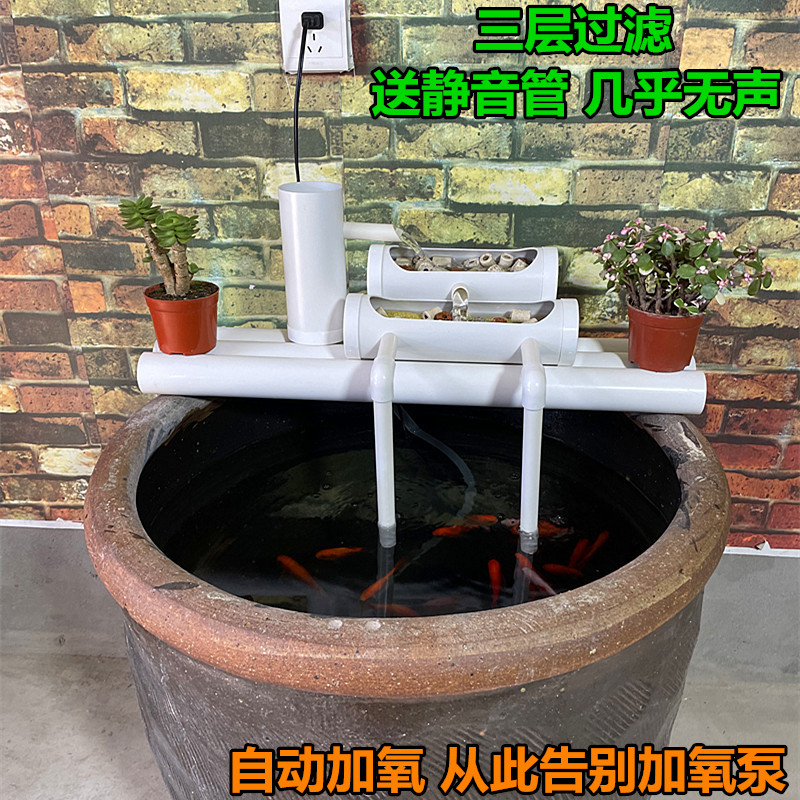 圆形鱼缸过滤器吸粪便加氧瓷盆水循环陶瓷圆缸瀑布式流水器低水位