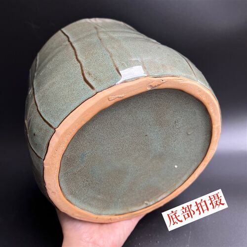 超大号绿色竖纹复古陶瓷圆形花盆黑法师琴叶榕小盆栽绿植植物花盆