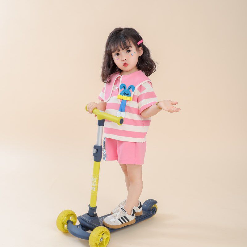 女童翻领小兔子条纹T恤夏季2025年新款儿童洋气女宝宝短袖上衣潮