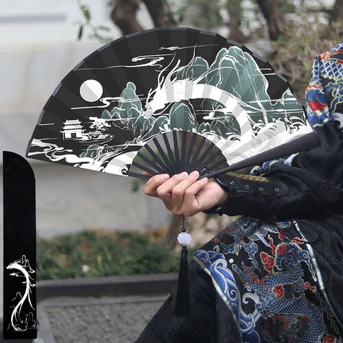 九寸折扇古风男扇子龙年中国风双面黑色折叠扇夏季大号汉服扇子