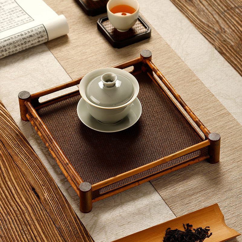 大漆竹编干泡台云妃竹茶托盘手工藤编奉茶盘竹制壶承茶具收纳盘托