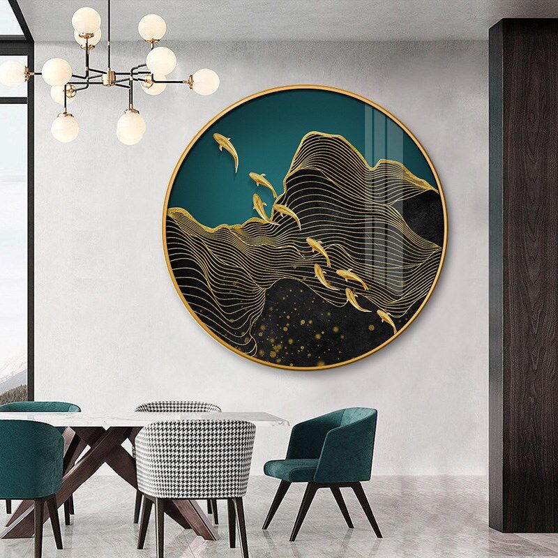 九尾鱼玄关画新中式圆形装饰画晶瓷画镶钻九鱼图聚财客厅组合壁画