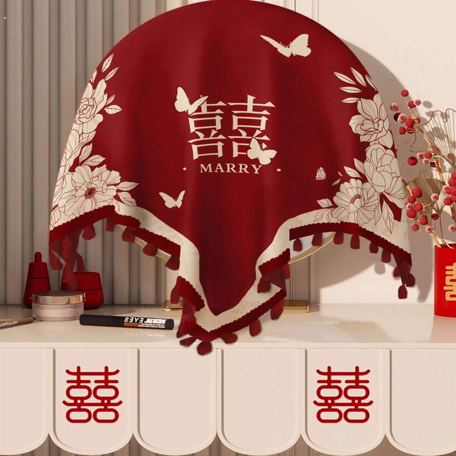 结婚喜庆圆形镜子防尘盖布婚庆装饰红色方巾化妆台化妆镜遮挡盖布