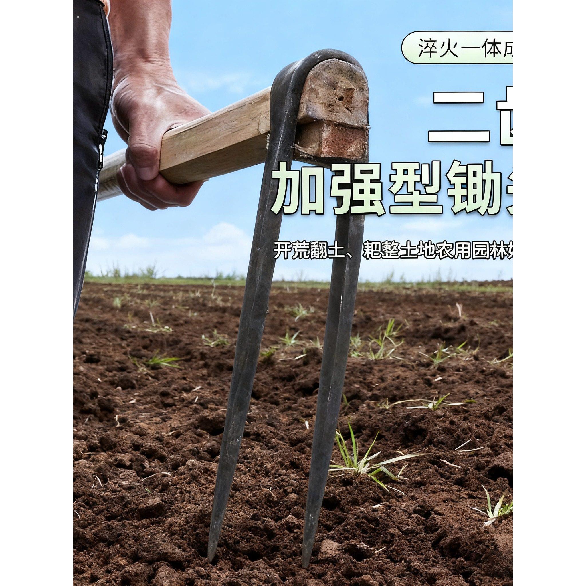 二齿耙子农用两齿耙两齿出头二尖齿锰钢挖土工具锄头手工锻打老式