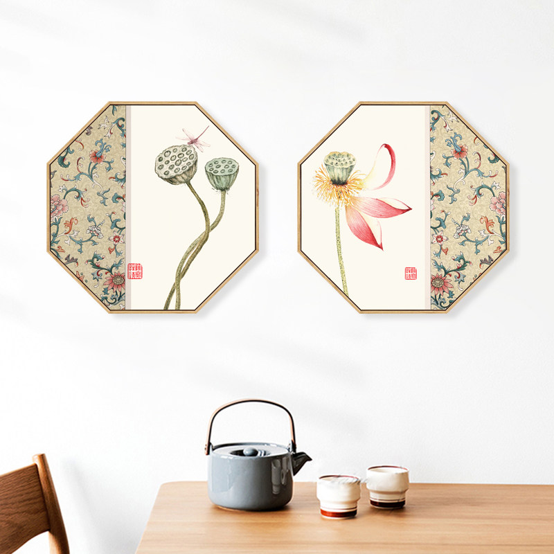 水墨宣言新中式客厅装饰画八边形古风文艺挂画茶室背景墙荷花墙画
