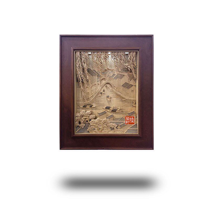 东阳手工木雕玄关入户实木装饰背景墙挂件屏风江南山水浮雕陆艺轩