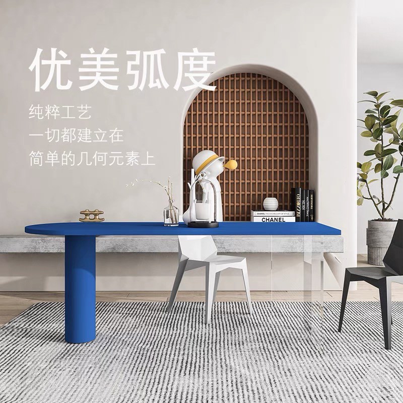 大板桌家用彩色餐桌靠墙实木半圆桌子书桌创意白色设计师工作台