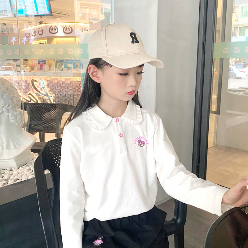 新款春季打底衫女童纯棉白色儿童长袖t恤薄款弹力翻领童装上衣潮T