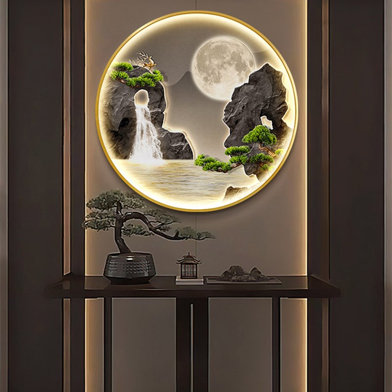 新中式圆形流水生财画玄关装饰山水灯画轻奢风景装饰画
