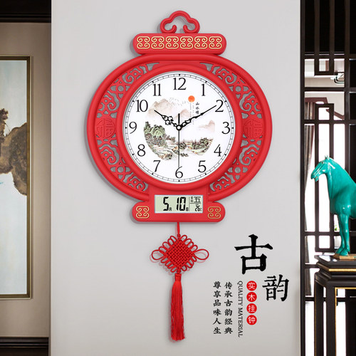 三五新中式客厅静音灯笼钟表古典创意时钟个性家用挂墙石英钟表