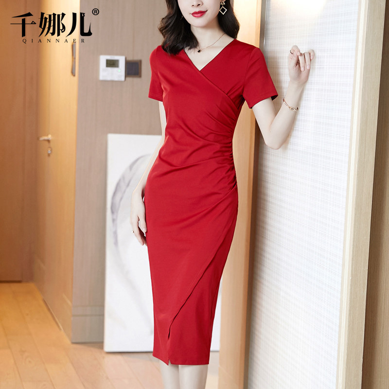 红色连衣裙长款过膝2021新款女夏包臀开叉短袖V领气质显瘦长裙子
