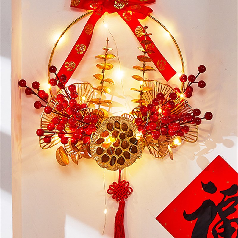 新年春节装饰品创意藤圈橱窗墙挂件场景布置红果花环福字财神挂饰