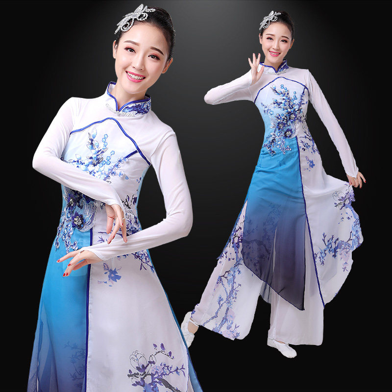 古典舞演出服女飘逸青花瓷中国风扇子舞风筝误水墨舞蹈独舞服套装