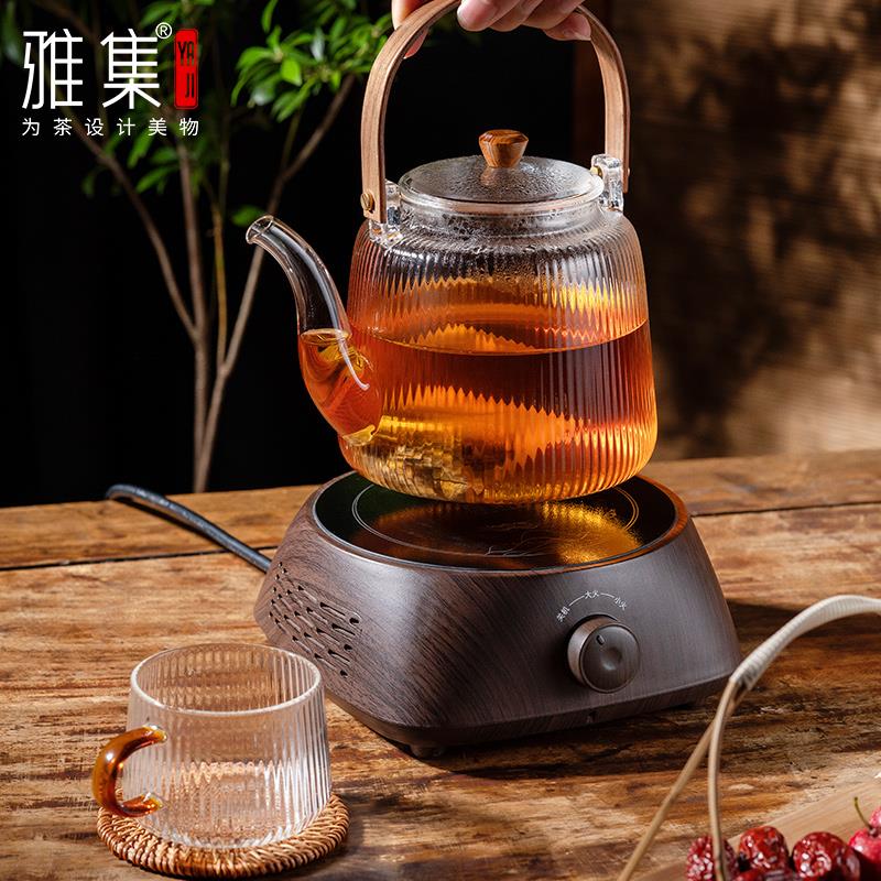 雅集茶具棱影提梁壶玻璃茶壶普洱茶黑茶1.3L大容量锤纹玻璃壶