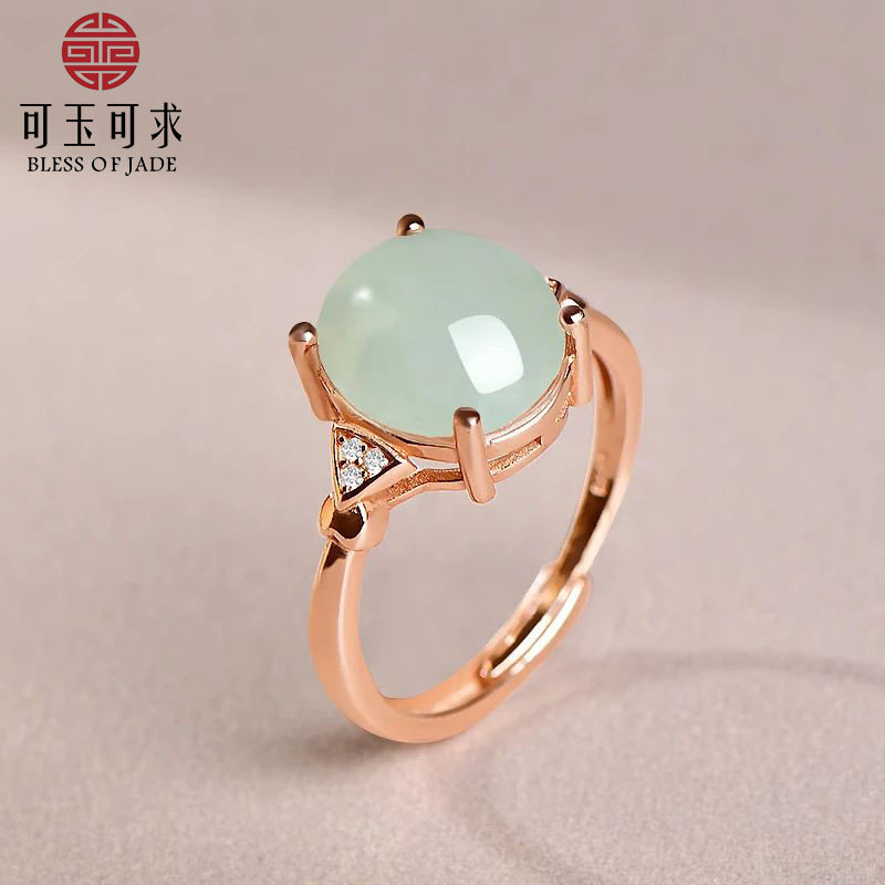 可玉可求翡翠戒指女士 银镶嵌淡绿色蛋面玉戒指 玉石指环Z1087