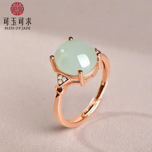 可玉可求翡翠戒指女士 银镶嵌淡绿色蛋面玉戒指 玉石指环Z1087