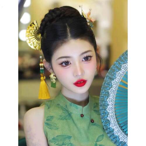 2023新款古风中式新娘秀禾服头饰扇子发钗步摇流苏龙凤挂发簪子