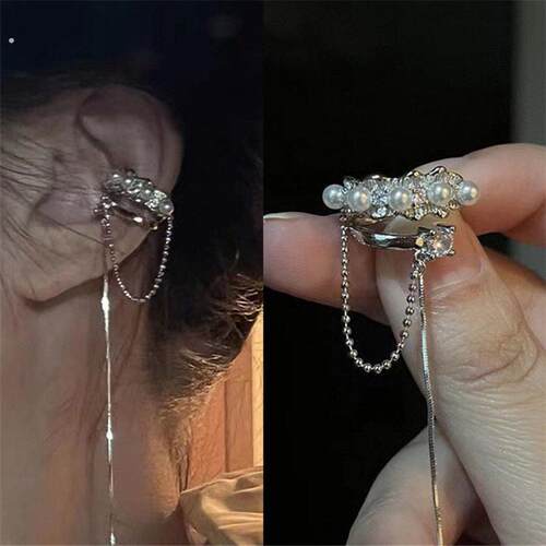 法式轻奢小众设计师耳骨夹高级感长版珍珠流苏无耳洞耳夹