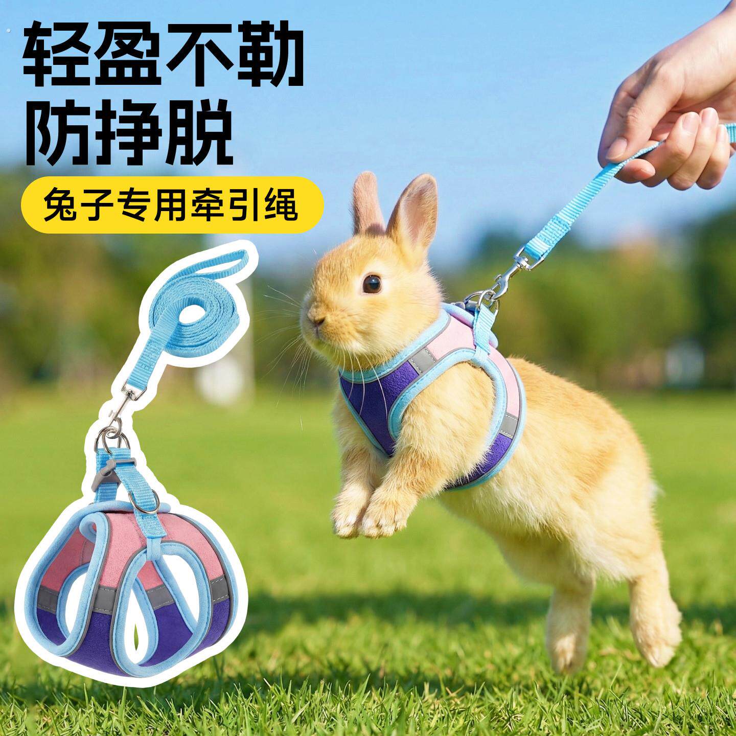 兔子牵引绳防挣脱可调节链子侏儒兔小型可调节幼兔胸背遛兔子专用