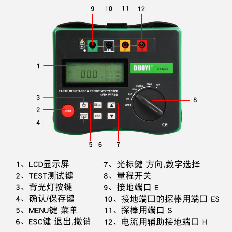 多一数字接地电阻测试仪DY4300/A/B接地土壤电阻率测量表地阻仪
