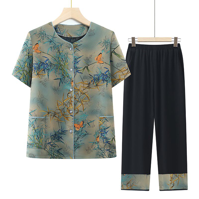 中老年人女装妈妈夏季短袖衬衫套装60岁70岁奶奶老太太夏装衣服80