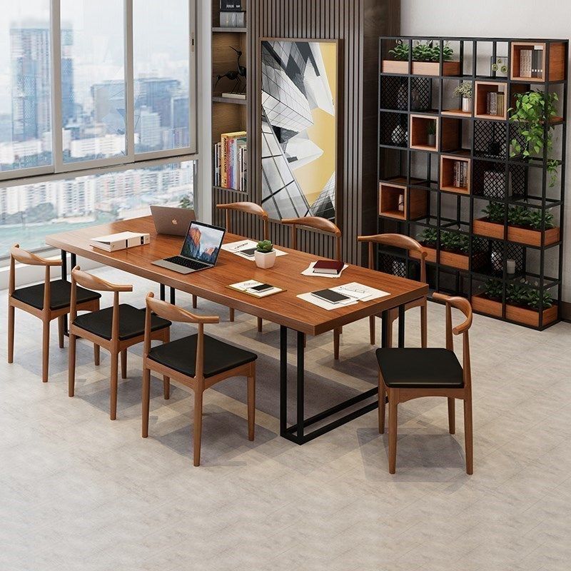LOFT实木办公桌工业风会议桌长桌长方形洽谈桌小型办公室桌椅组合