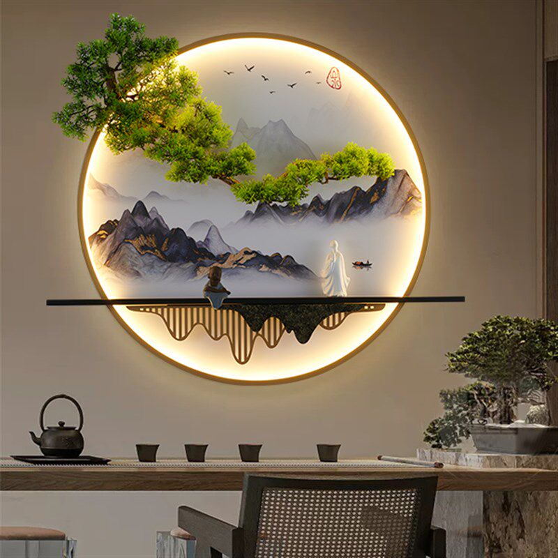 新中式楼梯间过道圆形壁画灯酒店入户玄关床头沙发背景山水墙壁灯