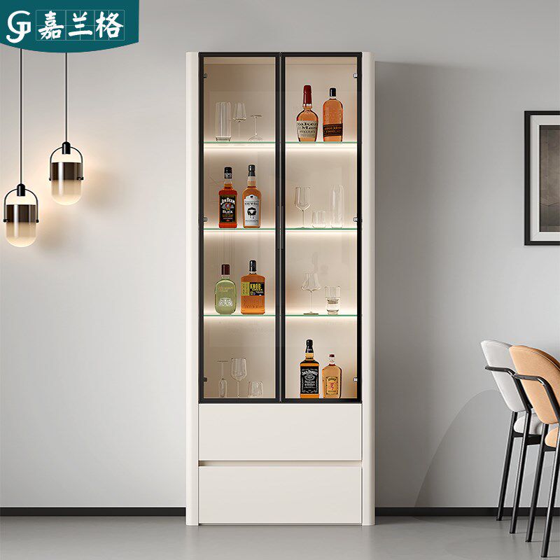 轻奢奶油风酒柜展示柜客厅靠墙小酒柜薄款夹缝餐厅边柜储物柜9S32