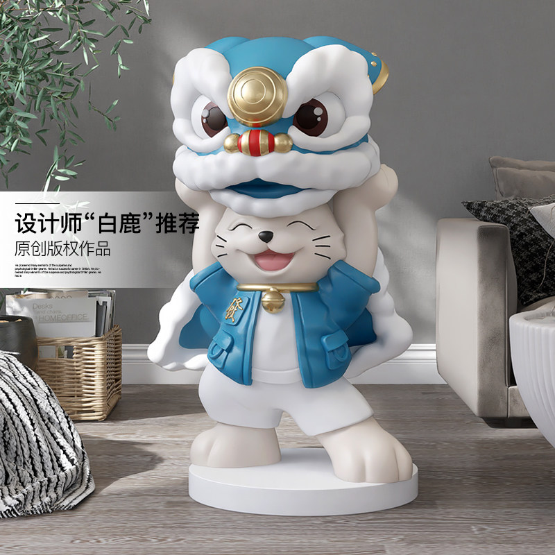 国潮醒狮招财猫大型落地摆件客厅沙发旁边装饰品开业迎宾乔迁礼物