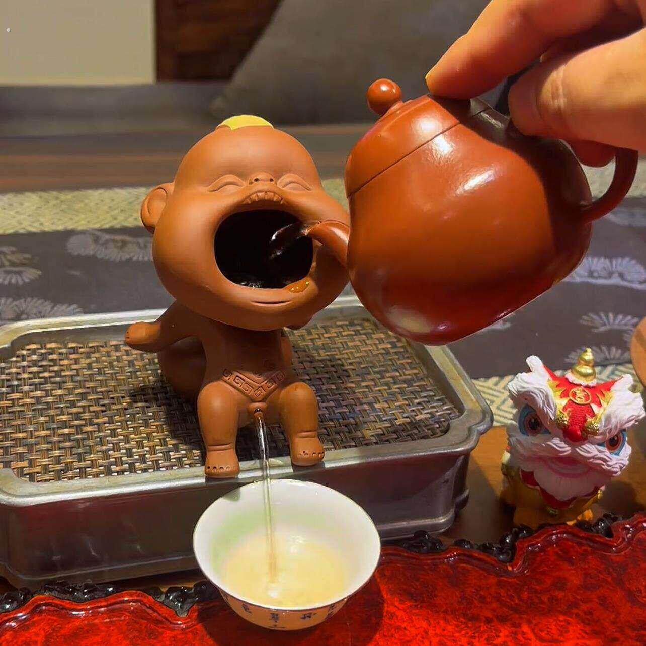 尿童手工制作创意喷水茶宠茶玩家居摆饰紫砂撒尿娃娃可爱红泥款
