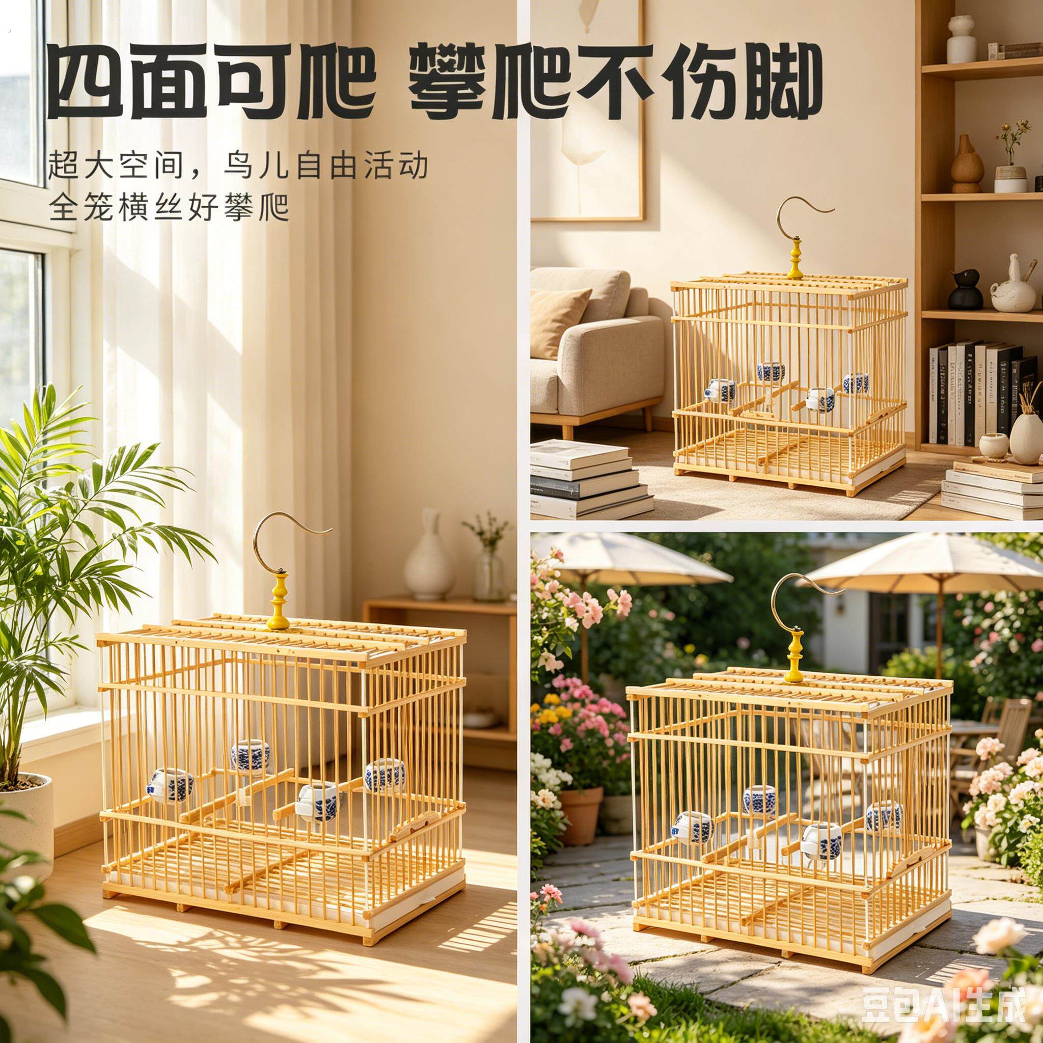 小号鸟笼竹制鸟笼通用款平顶大空间竖丝攀爬不伤脚鸟类自由活动笼