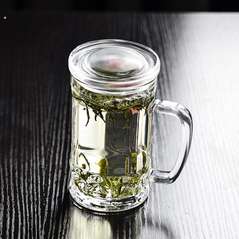 带把钢化玻璃杯子防摔家用耐高温扎啤酒杯棋牌室茶楼专泡茶杯带盖