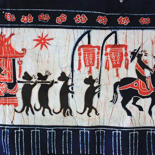 民俗蜡染画老鼠嫁女餐厅客厅背景装饰画布艺挂画特色手工艺品壁画