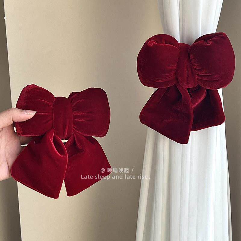 新年窗帘装饰扣红丝绒蝴蝶结挂件绑带固定卧室婚礼乔迁新房装饰