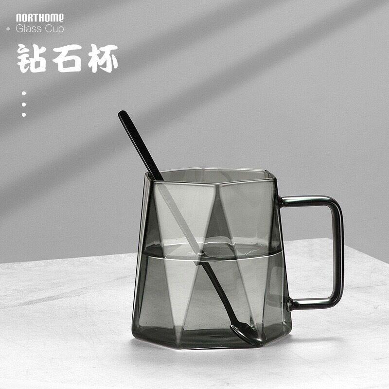 黑钻石玻璃杯马克杯咖啡杯子带勺把手耐高温轻奢玻璃办公室水杯