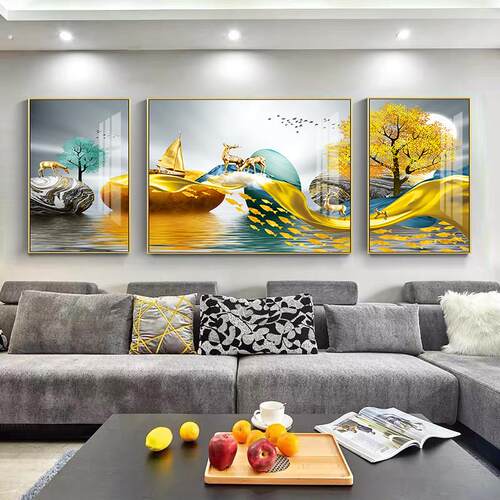 热销客厅装饰画沙发背景墙新中式挂画山水画现代简约镶钻晶瓷画三
