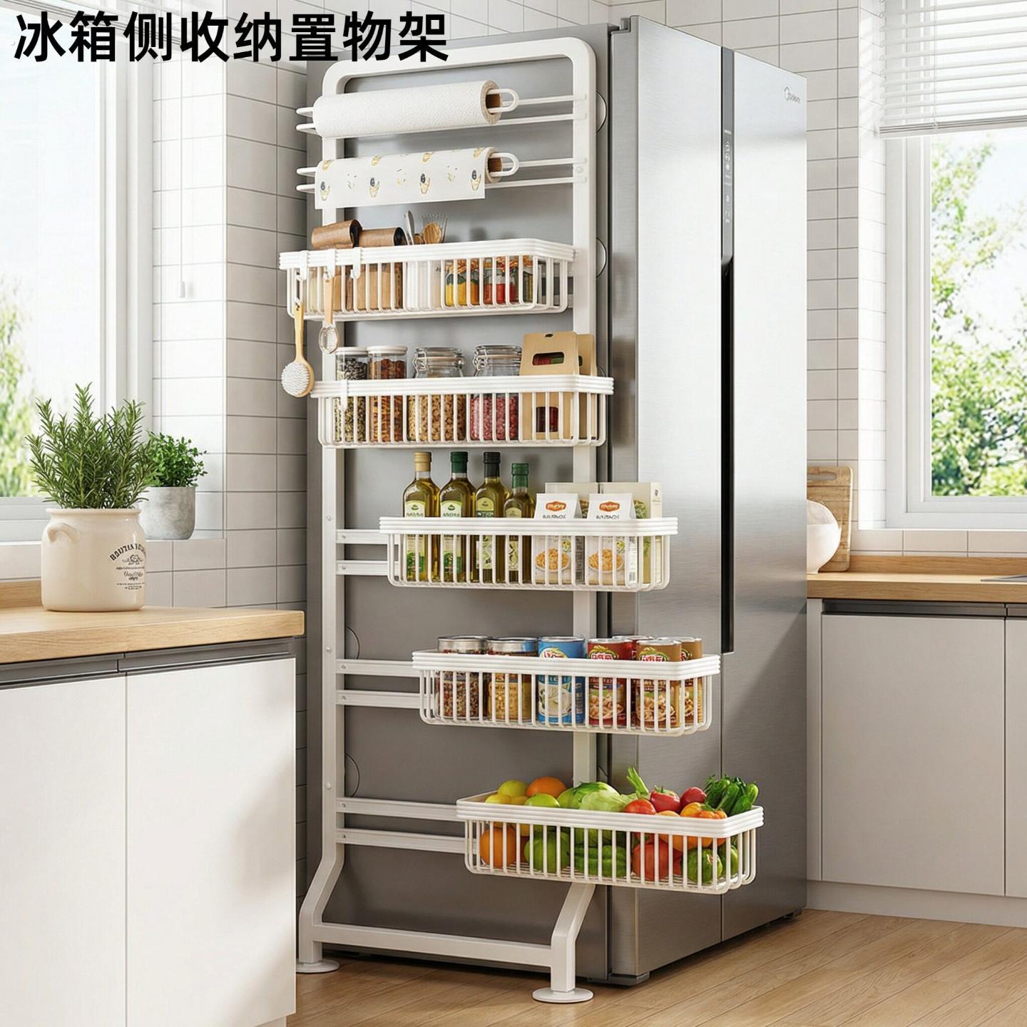 冰箱侧置物架厨房化妆室门后免打孔夹缝上墙极窄边靠墙调味罐架
