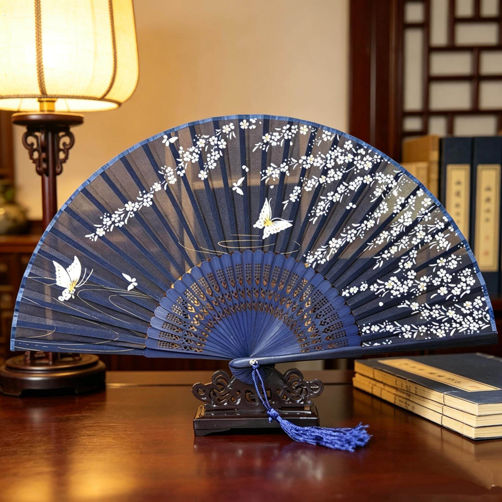古风丝绸折扇女头青真丝中国风中高端扇子半透折叠可携式工艺舞蹈